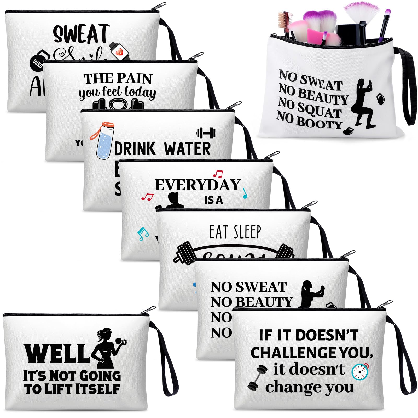 SilTriangle 8 Pcs Workout Cosmetic Bags Workout Gifts Funny Sports Lover Gym Gifts Gym Makeup Bags for Women Body Builder Workout Zipper Pouch Fitness Makeup Bag for Fitness Bodybuilding Lovers