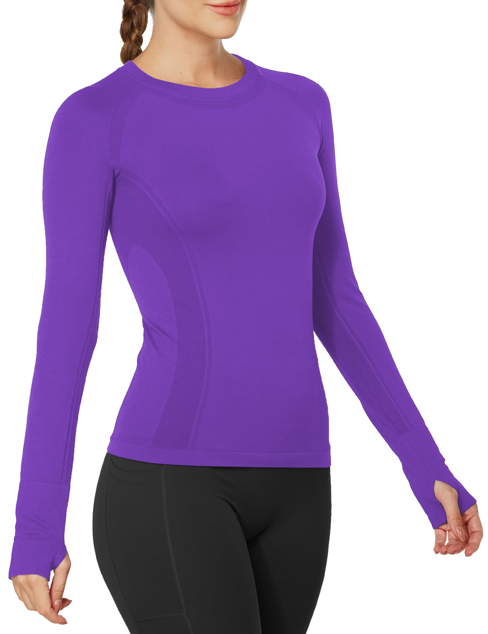 MathCat Workout Shirts for Women Long Sleeve Workout Tops for Women Quick Dry Gym Athletic Tops，Seamless Yoga Shirts Darkpurple
